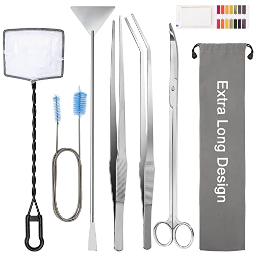 Extra Long Aquarium Aquascaping Tools Kit 8 in 1, Liveek Stainless Steel Aquarium Plant Tools Long Fish Tank Aquascape Tweezers Scissors Scrapers, PH Paper, Fish Net, Aquascape Clean Brush, Bag