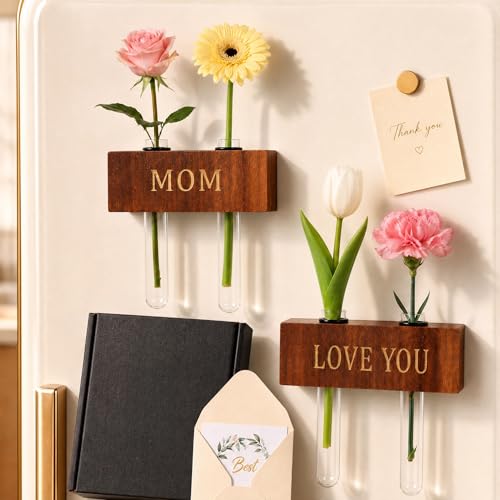 Mini Magnetic Wooden Vases with - Wood Blocks with Test Tubes, Tabletop & Fridge Decor, Mom Gifts from Daughter, Unique Birthday Gifts for Mom from Son (MOM&Love Walnut) - color: Mom&love Walnut