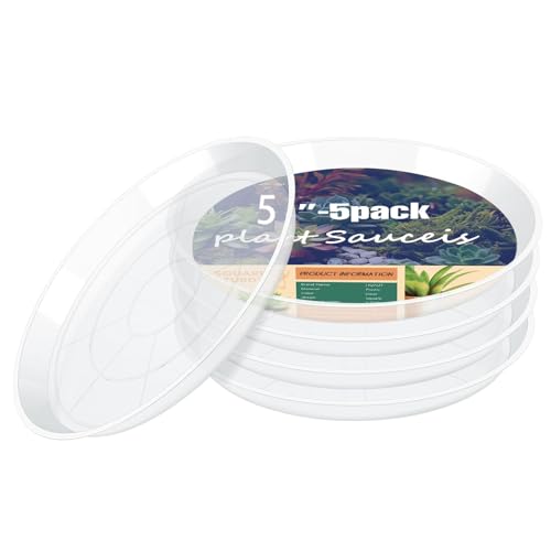 5 Pack Clear Plant Saucer, 4 5 6 8 10 12 14 16 18 20 22 Inch Durable Plastic Water Catcher Trays for Flower Pots, Plant Drip Trays for Indoor Outdoor Planter (5 inch) - size: 5 inch