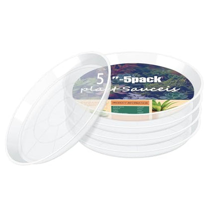 5 Pack Clear Plant Saucer, 4 5 6 8 10 12 14 16 18 20 22 Inch Durable Plastic Water Catcher Trays for Flower Pots, Plant Drip Trays for Indoor Outdoor Planter (5 inch) - size: 5 inch