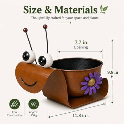 Snail Metal Planter, Cute Animal Iron Plant Pot for Succulents, Cactus & Small Flowers, Whimsical Indoor Outdoor Garden Decor for Desk, Patio, Balcony, Gift for Plant Lovers