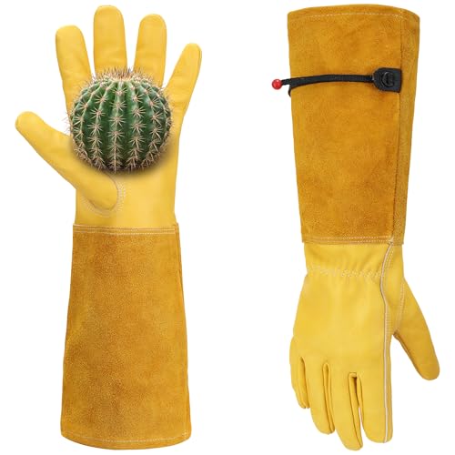 Thorn Proof Gardening Gloves for Women and Men, Breathable Long Sleeve Leather Gloves for Rose and Cactus Pruning, Heavy Duty Adjustable Cuff Garden Work Gloves, Ideal Gardening Gifts