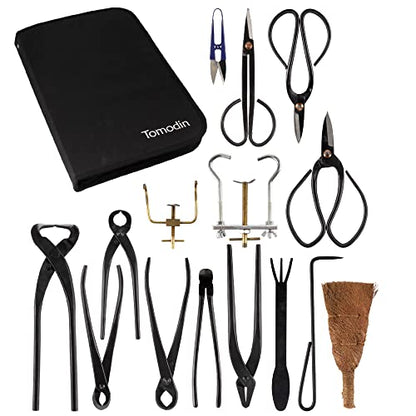 BambooMN 15 Piece Bonsai Master Tools Set with Case, Shears, Concave Cutter, Knob Cutter, Wire Cutter, Bonsai Trimming, Branch Bending, Beginner Friendly - 1 Set - color: 15-Piece Bonsai Set