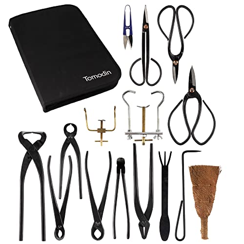 BambooMN 15 Piece Bonsai Master Tools Set with Case, Shears, Concave Cutter, Knob Cutter, Wire Cutter, Bonsai Trimming, Branch Bending, Beginner Friendly - 1 Set - color: 15-Piece Bonsai Set