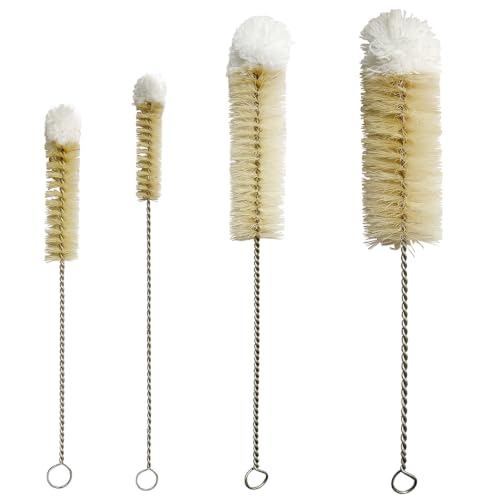 NewFerU Bottle Brushes Thin Long Handle X 4, Natural Boar Bristle Set | Stainless Steel Bendable Wire Cleaner with Wool Tip, Slim Flexible for Cleaning Narrow Neck Bottles, Pipes, Tubes, Hoses