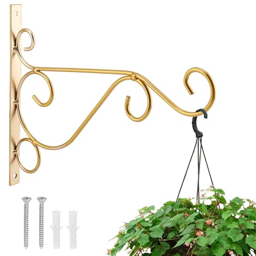 HERCHR Plant Hanger Wall Hooks, Iron Wall Hanging Bracket Indoor Outdoor Plant Hooks Decorative for Hanging Lantern Wind Chimes Bird Feeder Fence, Gold (1, Gold) - color: gold