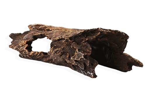 YAKCAM Driftwood Reptile Hide Cave, Aquarium Hideout w/Monstera 10.5x2.5 | Also Ideal for Amphibians & Lizards | Hollow Log Design | Life-Like 7" Monstera Plant | Terrarium Decor