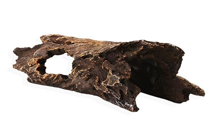 YAKCAM Driftwood Reptile Hide Cave, Aquarium Hideout w/Monstera 10.5x2.5 | Also Ideal for Amphibians & Lizards | Hollow Log Design | Life-Like 7" Monstera Plant | Terrarium Decor