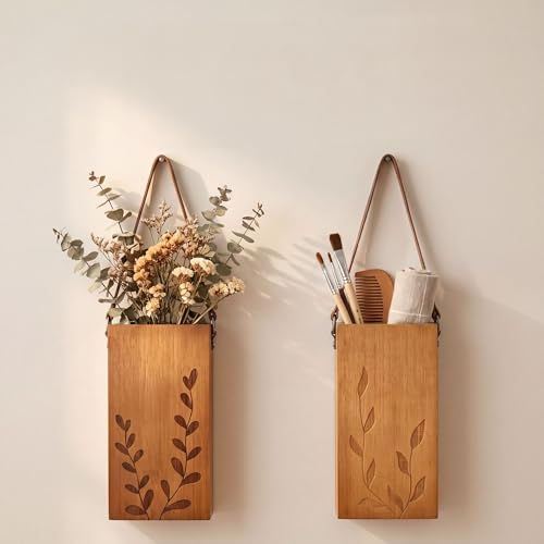 Bamboo Wall Planters with Durable Leather Handle for Indoor Plants