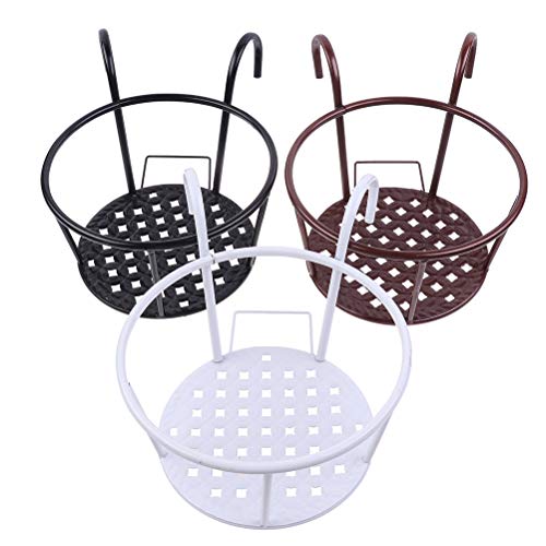 Hanging Railing Planters Baskets Art Hanging Flower Stands Balcony Flower Pot Holders Plant Iron Racks Fence Metal Potted Stand Mounted Balcony Round Plant Basket Shelf Container Box,Garden Steel Pots - color: White-full Bottom