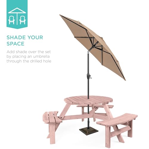 Best Choice Products 6-Person Circular Outdoor Wooden Picnic Table for Patio, Backyard, Garden, DIY w/ 3 Built-in Benches, 500lb Capacity - Rose Quartz - color: Rose Quartz