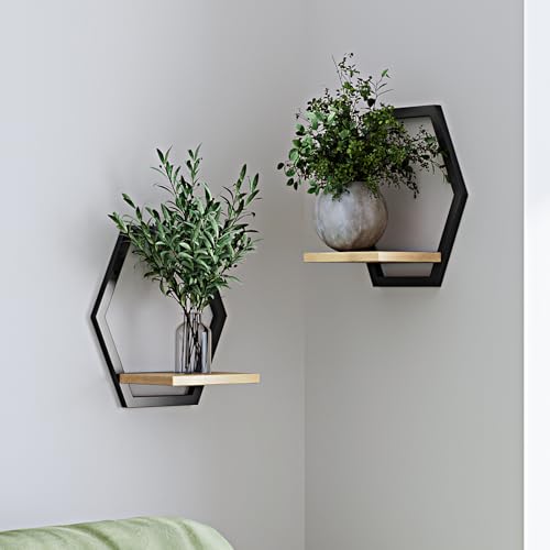 2 Pack Hexagon Wall Plant Stands, 9 Inch Wood Shelf Black - color: 2 pack black