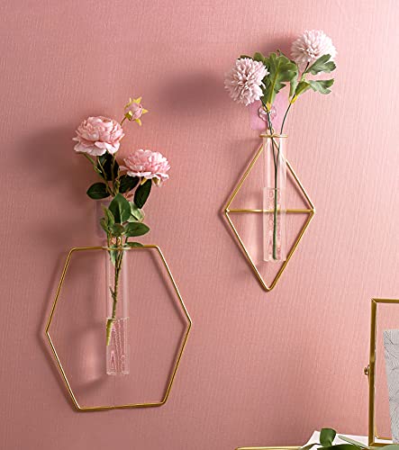 yaooral Luxury Nordic Hanging Wall Mounted Gold Flower Vase | Metal Frame Glass Tube/Minimalist/Cute Exquisit Pretty/Geometric Hydroponic Bud Vase Decor for Wall Home Wedding Farmhouse - style: rhombus