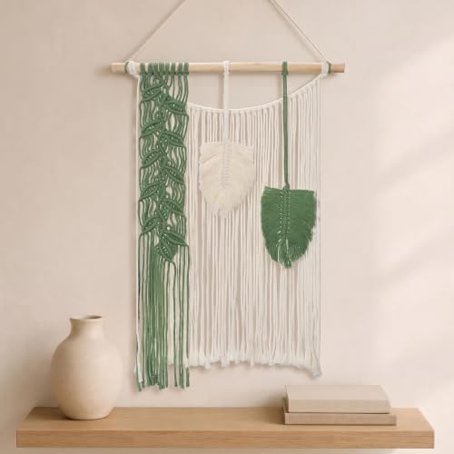 Briful Macrame Wall Hanging with Sage Green Feather Leaves 15.75" x 21.65" - color: Green
