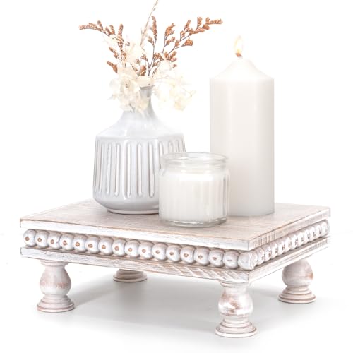 EOSAHR Wood Riser with Beaded: Pedestal Stand for Room Decor, Dark Natural | Pine Wood,Compact Design, Display Stand, Candle Stand & Perfume Tray, Boho Bathroom Essentials, Kitchen Decor for Counter - color: Deep-Natural