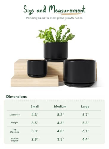 LE TAUCI Ceramic Plant Pots, 4.3+5.3+6.8 inch, Set of 3, Planters with Drainage Hole and Saucer, Indoor Flower Pot with Hole Mesh Pad, Gifts for Mom, Black - color: Black