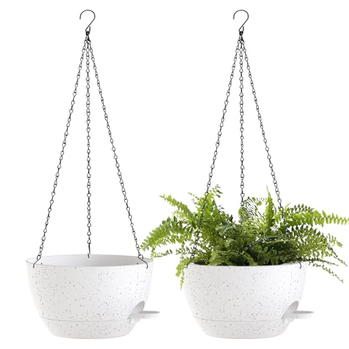 12 Inch Hanging Baskets 2 PC with Chains, Self-Watering Hanging Planters for Indoor Outdoor Plants, Plastic Hanging Flower Pots,Speckled White - color: Speckled White, size: 12 Inch