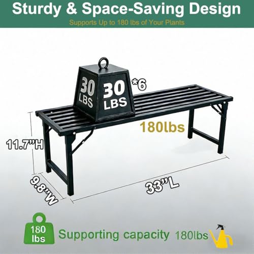 Foldable Plant Stand, No Assembly Heavy Duty Iron Plant Shelf, Rustproof Single Tier Plant Rack for Indoor Outdoor, Long Narrow Flower Stand for Patio Balcony Garden Living Room, L33" xH11.7"x W9.7" - size: L33”xH11.7"xW9.7"