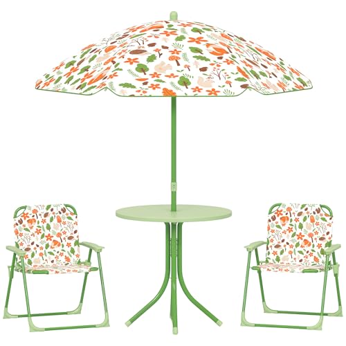 Qaba Kids Picnic Table and Chair Set Outdoor Fox Pattern Green | Activity Table Foldable Chairs, Removable Umbrella, Patio Furniture, Backyard, Garden
