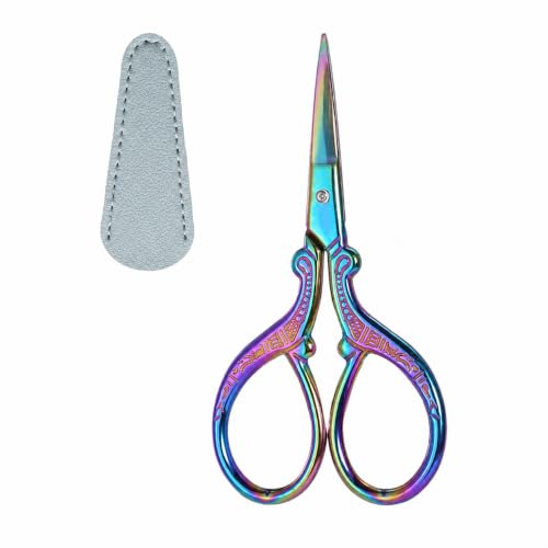 Rainbow Embroidery Scissors Mini Sewing Scissors Leather Cover | Mini Needlepoint Scissors for Embroidery Sewing Crochet Craft, Sharp Stainless Steel Blades with Sheath for Travel - color: Rainbow