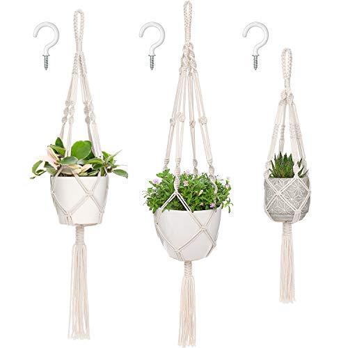 Mkono 3 Pack Macrame Plant Hanger, Hanging Planters for Indoor Plants Ivory | 3 Sizes (41"/34"/26") Handmade Cotton Basket with Hooks, Boho Home Decor for Patio Balcony Living Room, Fits 5-10 Inch Pots - color: Ivory