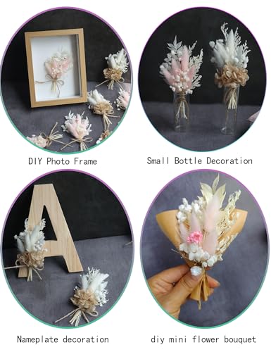 Mini Dried Flower Bouquet Set (12 pcs), Pink Bouquet, Birthday Cake Arrangement, Bridesmaid Flower Girl Proposal Gift Box, Groom Corsage(Pink) - color: Pink