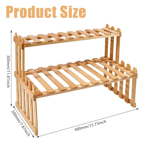 GLOBLELAND 15.7" 2-Tier Wooden Station Shelf Stand Adjustable Desktop Flower Pot Rack Storage Shelf Tabletop Plants Display Organizer for Balcony Tea Desktop Flower Pot Cup