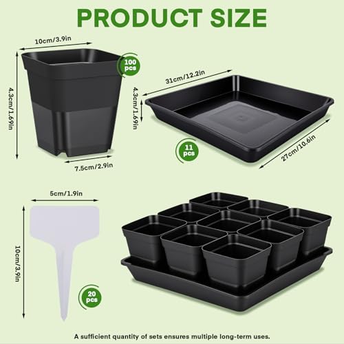 GREANER 12 Inch Sturdy Seed Tray 11PCS, 4 Inch 100PCS Flexible Square Nursery Pots with Drainage Holes, Plant Germination Trays for Plants, Succulent, Flower, 20PCS Plant Labels(Black) - size: 4" Pots-100PCS + 12" Trays-11PCS