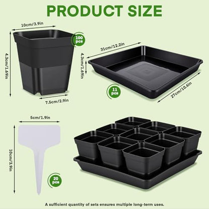 GREANER 12 Inch Sturdy Seed Tray 11PCS, 4 Inch 100PCS Flexible Square Nursery Pots with Drainage Holes, Plant Germination Trays for Plants, Succulent, Flower, 20PCS Plant Labels(Black) - size: 4" Pots-100PCS + 12" Trays-11PCS