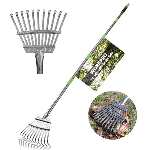 WORKPRO Rake, Small Rake for Leaves with 72” Adjustable Long Handle | 11 Steel Tines, Heavy Duty Metal Leaf Rakes for Garden, Lawn, Yard, Flower Bed, Narrow Rakes 9" Wide Head for Tight Spaces - size: 11 TINE