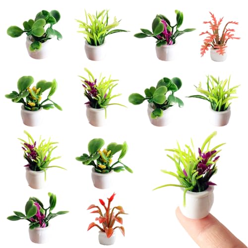 12 Pcs Miniature Potted Plants, 1:12 Scale Collectible Mini Artificial Flowers & Greenery in Pots, 7 Assorted Styles Tiny Faux Bonsai Craft Decor for Fairy Garden, Micro Landscape, DIY Terrarium - color: 12 Red Plants
