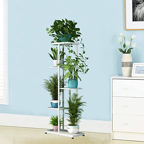 LINZINAR Plant Stand Metal 5 Tier 6 Potted Multiple Flower Pot Holder Shelf Indoor Outdoor Planter Display Shelving Unit for Patio Garden Corner Balcony Living Room (5 Tier 6 Potted, White) | Space Saving,6 Potted Multiple Flower Pot Holder,Tiered Plant R