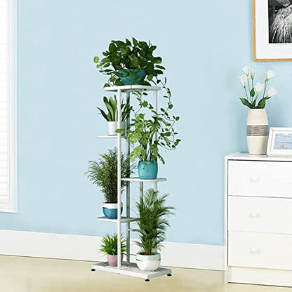 LINZINAR Plant Stand Metal 5 Tier 6 Potted Multiple Flower Pot Holder Shelf Indoor Outdoor Planter Display Shelving Unit for Patio Garden Corner Balcony Living Room (5 Tier 6 Potted, White) | Space Saving,6 Potted Multiple Flower Pot Holder,Tiered Plant R