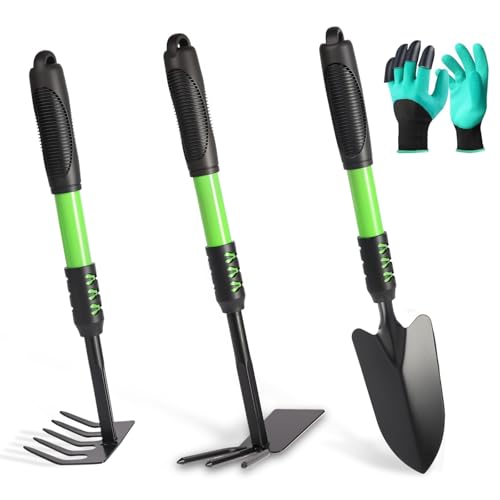 Garden Tools Set, 4 Pack Gardening Tools, Stainless Steel Heavy Duty Hand Cultivator, Hoes, Spade Shovel, for Planting Weeding Digging, Gardening Gifts for Women, Green - style: Green
