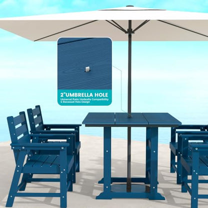 5 Piece Patio Dining Set, HDPE All-Weather Furniture,Navy | Waterproof 4 Chairs with Armchair Seat & 1 Square Table, Natural Wood Look for Backyard, Garden, Patio - color: Navy, size: Square 5-Piece Dining Set