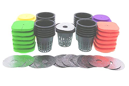 HORTIPOTS 2-Layered Clone Collars w 2 in Net Pots & Reflective Lids, Replacement for 24-Sited DWC Cutting Clone & Seedling Root System (4-Colored Pack of 25)