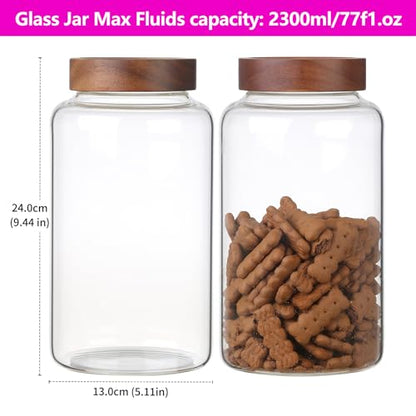Large Glass Coffee Jars Round Storage Canister with Wooden Lid Clear Glass Food Jar for Pantry Sugar Tea Coffee Bean Spice Nuts Cookies Bath Salts - color: 2300ml/77oz-2PACK