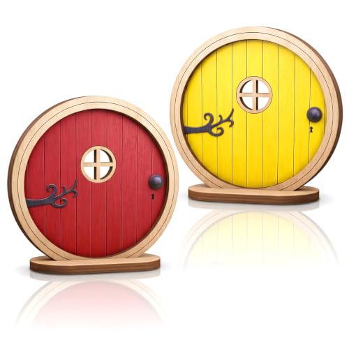 2 Pcs Fairy Doors for Trees Outdoor, Yellow & Red Boxwood Fairy Garden Door for Tree Trunk, Mini Gardens Sculpture Lawn Ornament, Gardens Miniatures (3.94 x 3.82 x 0.20 in)