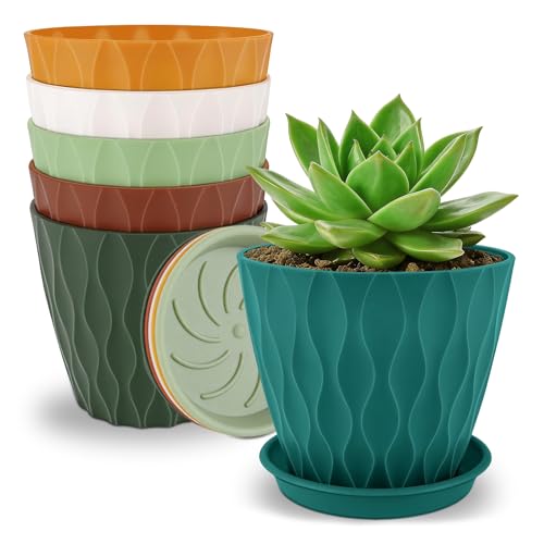 YNNICO 4 inch Plant Pots, 6 Pack Flower Pots Outdoor Indoor, Planters with Drainage Holes and Tray Saucers-Multicolor - color: Multicolor, size: 4 inch-6 pack
