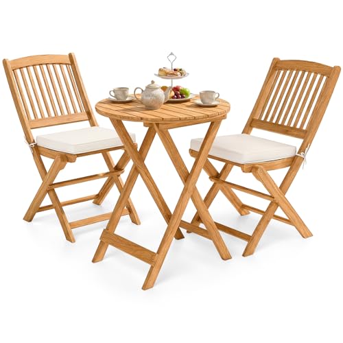 GIANTEX 3 Pieces Acacia Wood Bistro Set, Outdoor Folding Table & Chairs - color: Natural & Beige