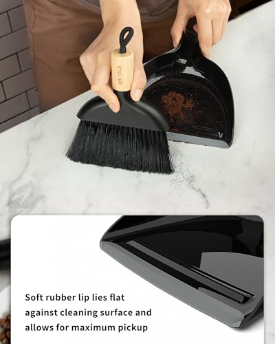 MR.SIGA Mini Dustpan and Brush Set, Bamboo Handle, Black, 1 Set | Portable cleaning brush and dustpan combo, handheld brush and dustpan combo with hanging loop - color: Black