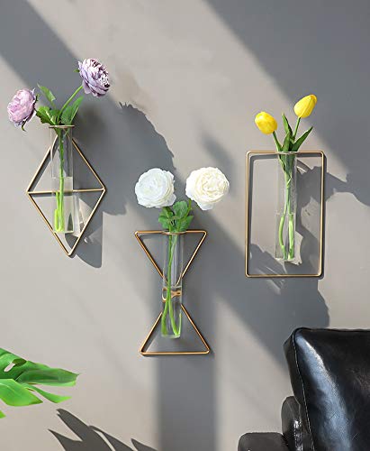 yaooral Luxury Nordic Hanging Wall Mounted Gold Flower Vase | Metal Frame Glass Tube/Minimalist/Cute Exquisit Pretty/Geometric Hydroponic Bud Vase Decor for Wall Home Wedding Farmhouse - style: triangle