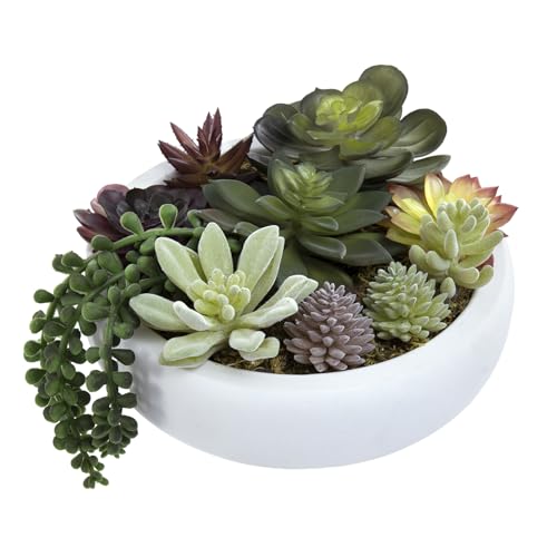 MyGift 8 Inch Round Modern Artificial Succulent Arrangement Potted in White Concrete Plant Bowl, Assorted Faux Mini Succulents in a Decorative Planter Pot - color: White