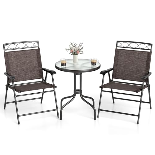 Goplus Bistro Table and Chairs Set of 2, Outdoor 3 Piece Patio Bistro Set with 1.57” Umbrella Hole, Tempered Glass Tabletop, 2 Folding Chairs, Small Patio Furniture Dining Set for Garden, Balcony - color: Brown-wave Backrest