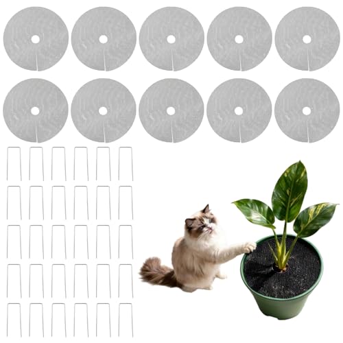 10 Pcs 15.75" Plant Pot Grids, Flower Pot Soil Protector Covers, Black Plant Mesh Nets for Pet Protection, Cuttable Digging Stoppers with Metal Securing Stakes