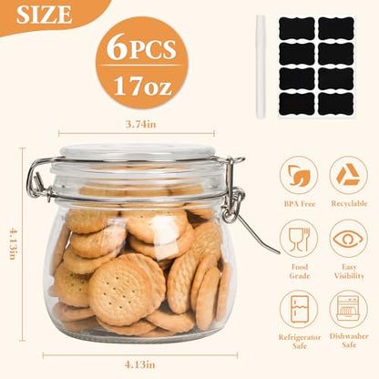 Airtight Glass Jars with Lids,17 oz Glass Storage Containers with Lids Set of 6,Small Mason Jars with Clamp Airtight Lid and Silicone Gasket,Used for Food Storage and Pickling