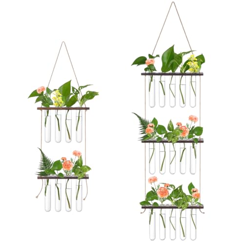 2Pcs Wall Hanging Plant Propagation Station, 2/3 Tiered Terrarium with Wooden Stand Mini Test Tube Flower Vases for Hydroponics Plants Home Office Garden Decor, 23 Acrylic Test Tubes