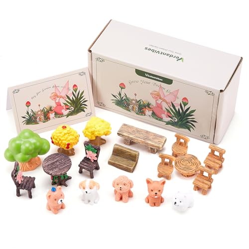 VerdantVibes Fairy Garden Kit – 20-Piece Miniature Fairy Garden Accessories Set with Woodland Seats, Benches, Bear & Dogs, Trees, Gift Box – Indoor & Outdoor Fairy Garden Decor for DIY Lovers