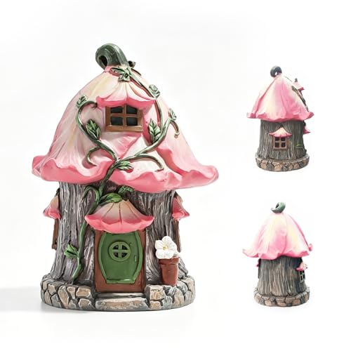 Miniature Fairy Garden Accessories Mushroom House Kit 6.5 * 4.7inch | Pink Flower Roof Mushroom Cottage, Mini Resin Fairy Garden Ornament Supplies, Outdoor Village Landscape Decor Accessories - color: Pink Flower House