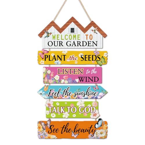 HOURIA Welcome to Our Garden Wooden Sign(11.4”x17.6”),Inspirational Gardening Signs for Outside,Colorful Garden Yard Greenhouse Decor,Gardening Gifts for Women, Men, Gardeners,Plant Lovers - color: Welcome to Our Garden Wooden Sign